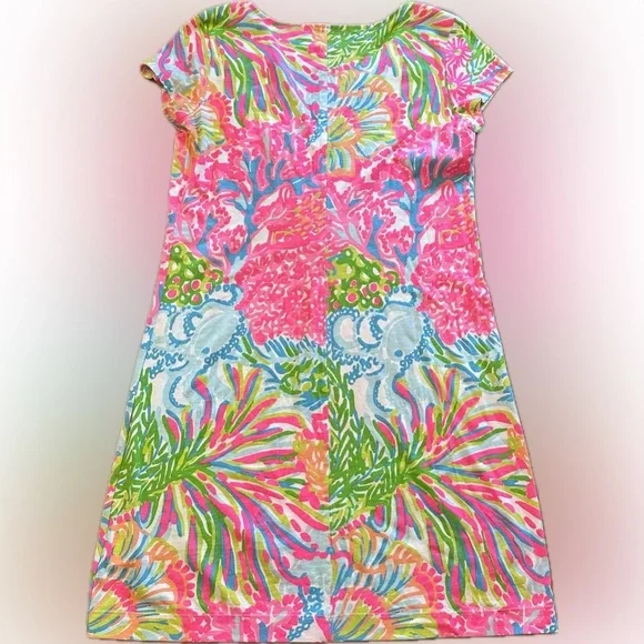 Lily Pulitzer Brewster Dress Coastal Neon Pink Green Sea Pattern Cotton Size XS - Picture 15 of 15